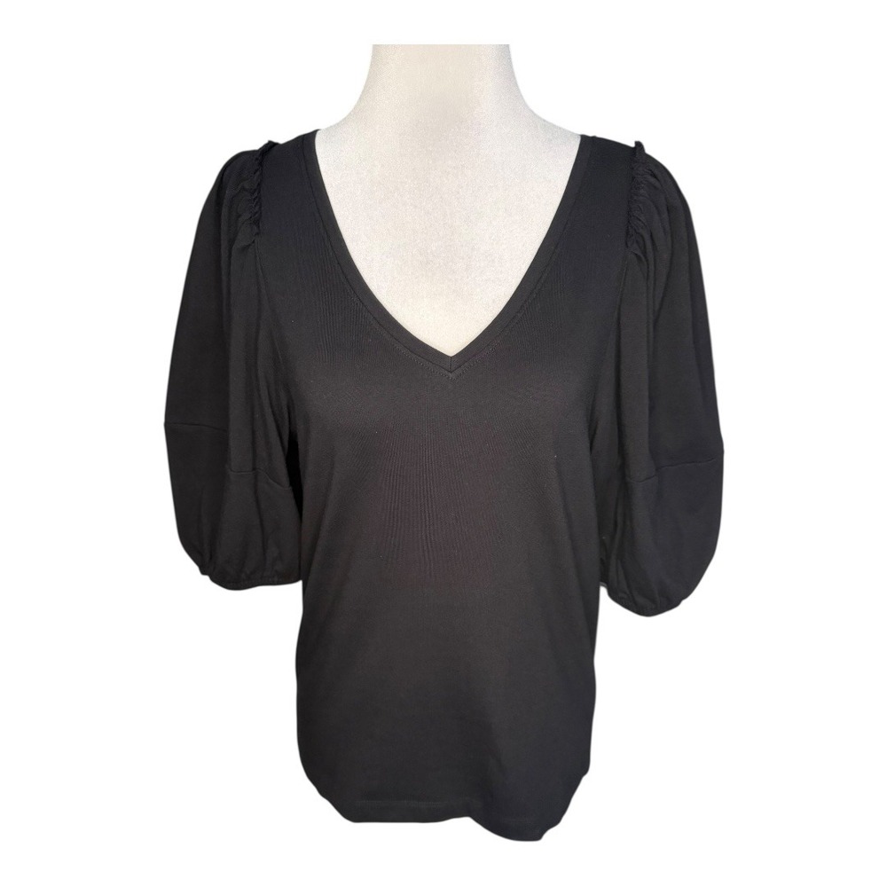 Madewell Black V-Neck Puff Sleeve Top Shirt Womens Size Small NWT‎